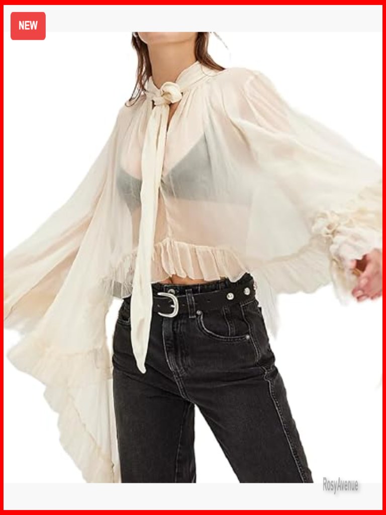 Sheer Ruffle Trim Blouse With Self Tie Neck - Loose Fit Tunics
